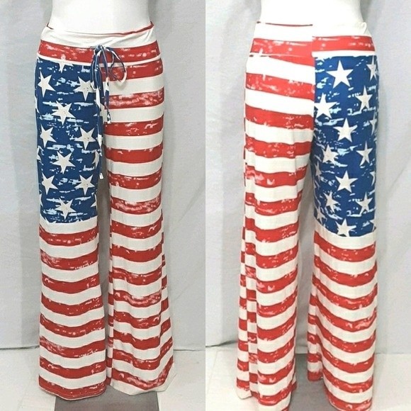 Red Stars & Stripes Wide Leg Palazzo Pants Medium Patriotic Festival Lounge Chic - Picture 2 of 7